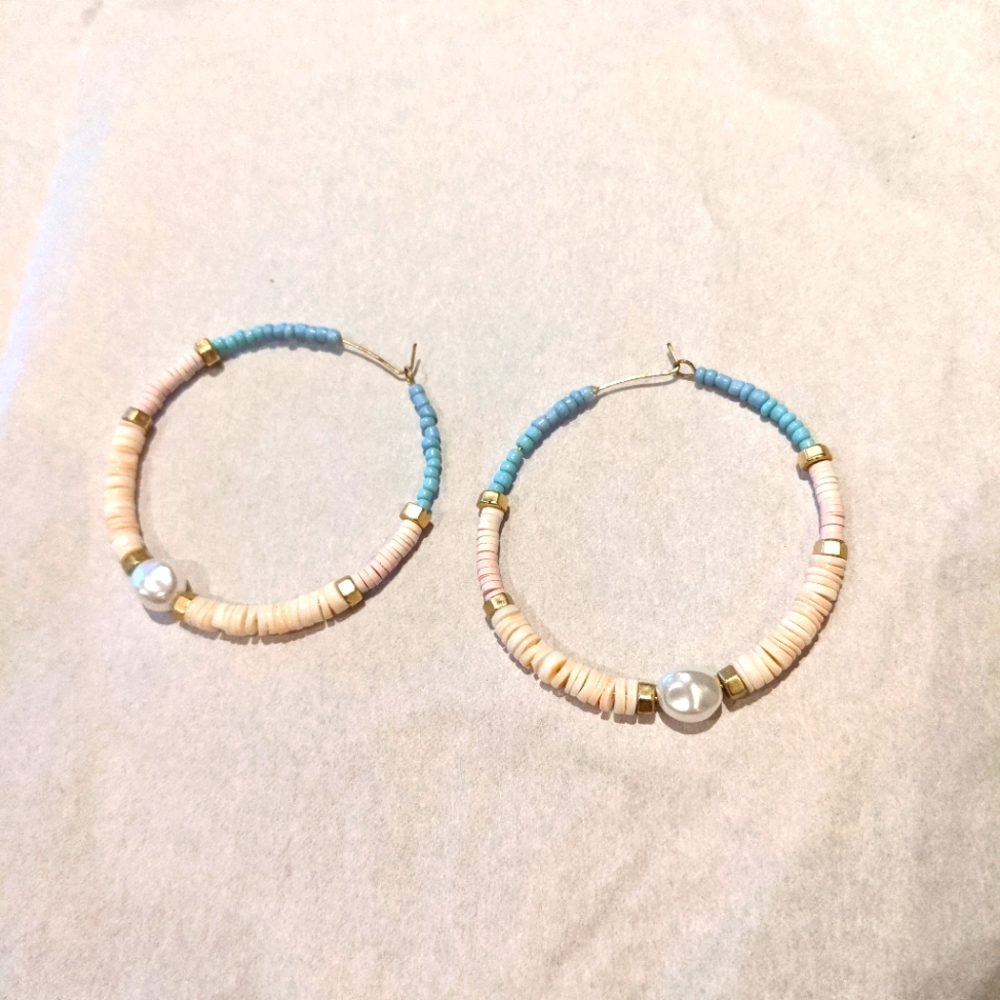 Fun and funky LOFT beaded seashell and pearl hoop earrings